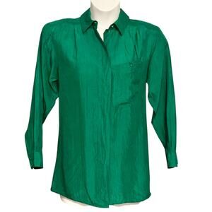 Vintage 80s CARRY BACK Silk Button Front Shirt Long Top Sz 8 Vibrant Green Retro
